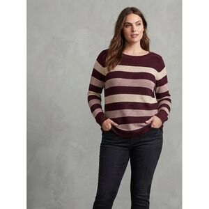 Market & Spruce Striped Knit Long Sleeve Boat Neck Sweater Burgundy Cream 2X
